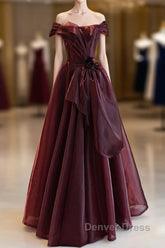 A-Line Burgundy Organza Burgundy Long Prom Dresses, Burgundy Long Evening Dresses